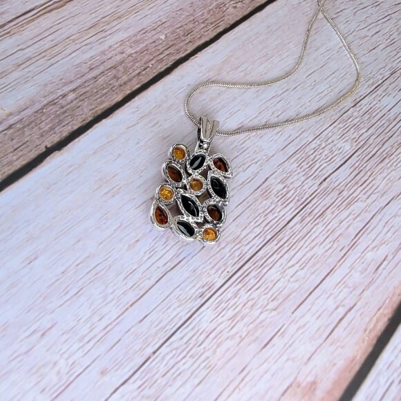Unique Sterling Silver Pendant Necklace With Multicolor Baltic Amber Stones - Picture 7 of 9